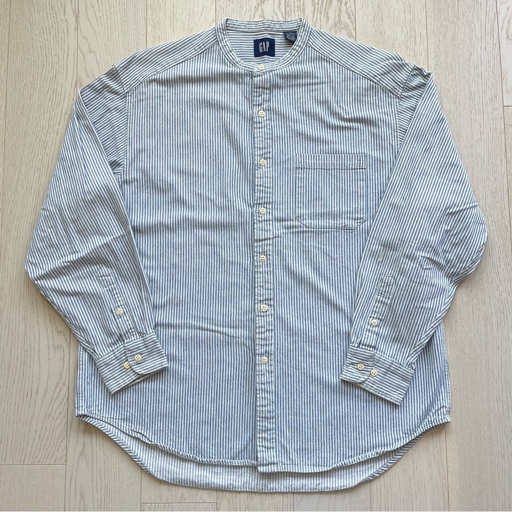 Vintage Y2K Gap band collar blue white hickory engineer stripe long sleeve shirt